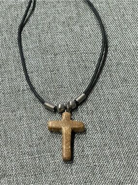 Brown Stone Cross Pendant Necklace on Black Cord